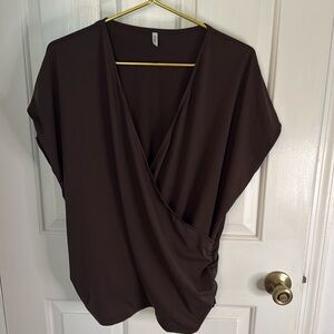 HALARA Deep Brown Women's Blouse, Cap Sleeve,Crossover Hem